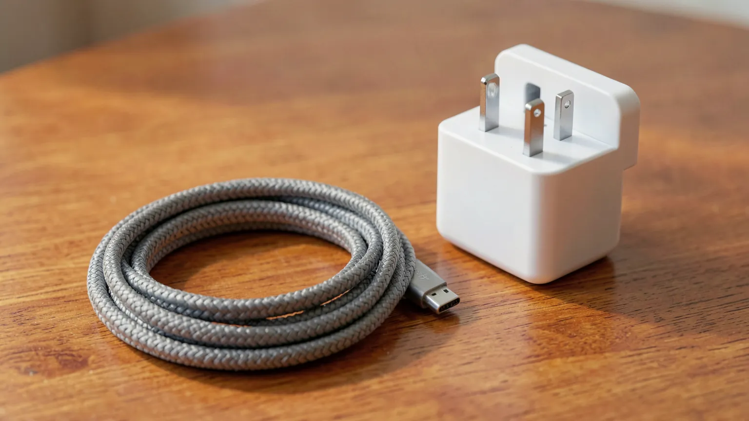 Cable USB-C trenzado enrollado sobre una mesa de madera junto a un adaptador de corriente