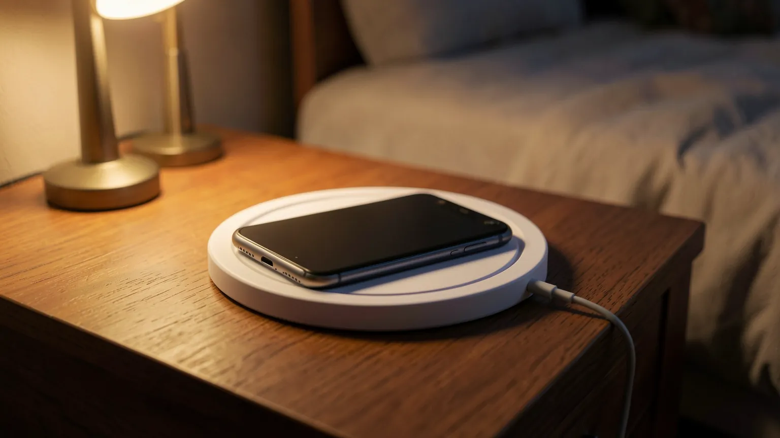 Teléfono sobre un cargador inalámbrico circular blanco en una mesilla de noche con luz cálida de lámpara