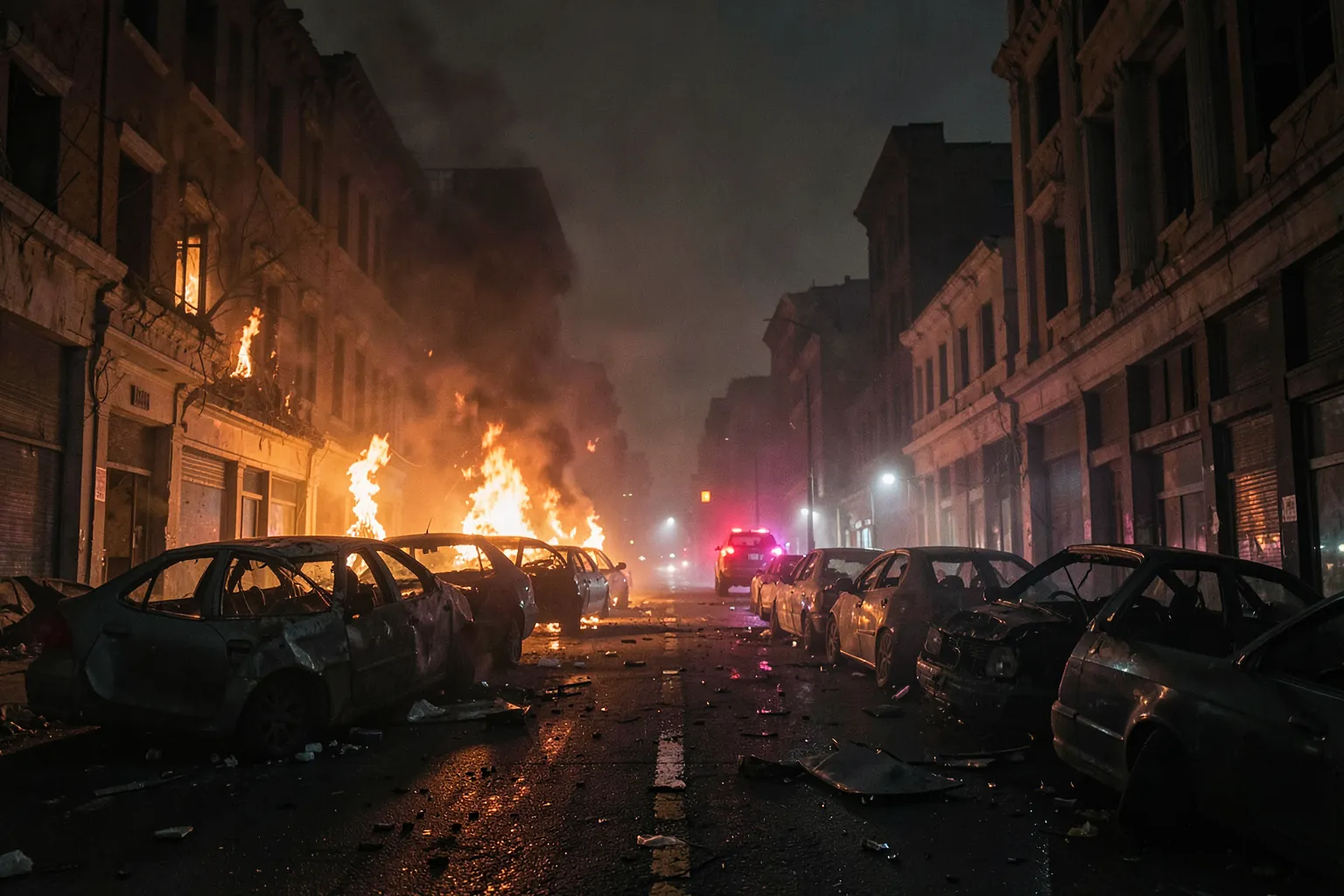 Calle de una ciudad abandonada de noche con coches en llamas y luces de policía entre la niebla, sin nadie a la vista