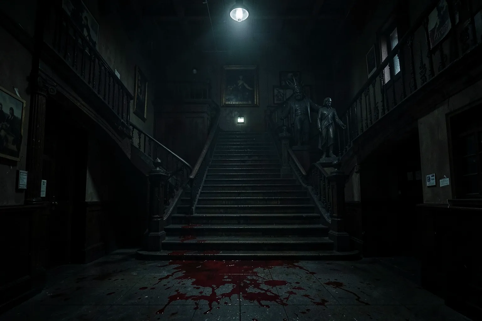 Vestíbulo gótico y oscuro de una comisaría con una gran escalera y una estatua, luces de emergencia tenues y manchas de sangre en el suelo