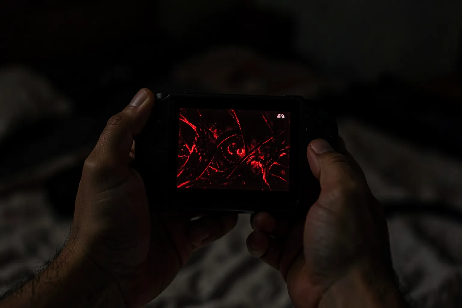 Manos sujetando una consola portátil oscura en un dormitorio a oscuras, con la pantalla brillando en rojo con una escena abstracta de terror