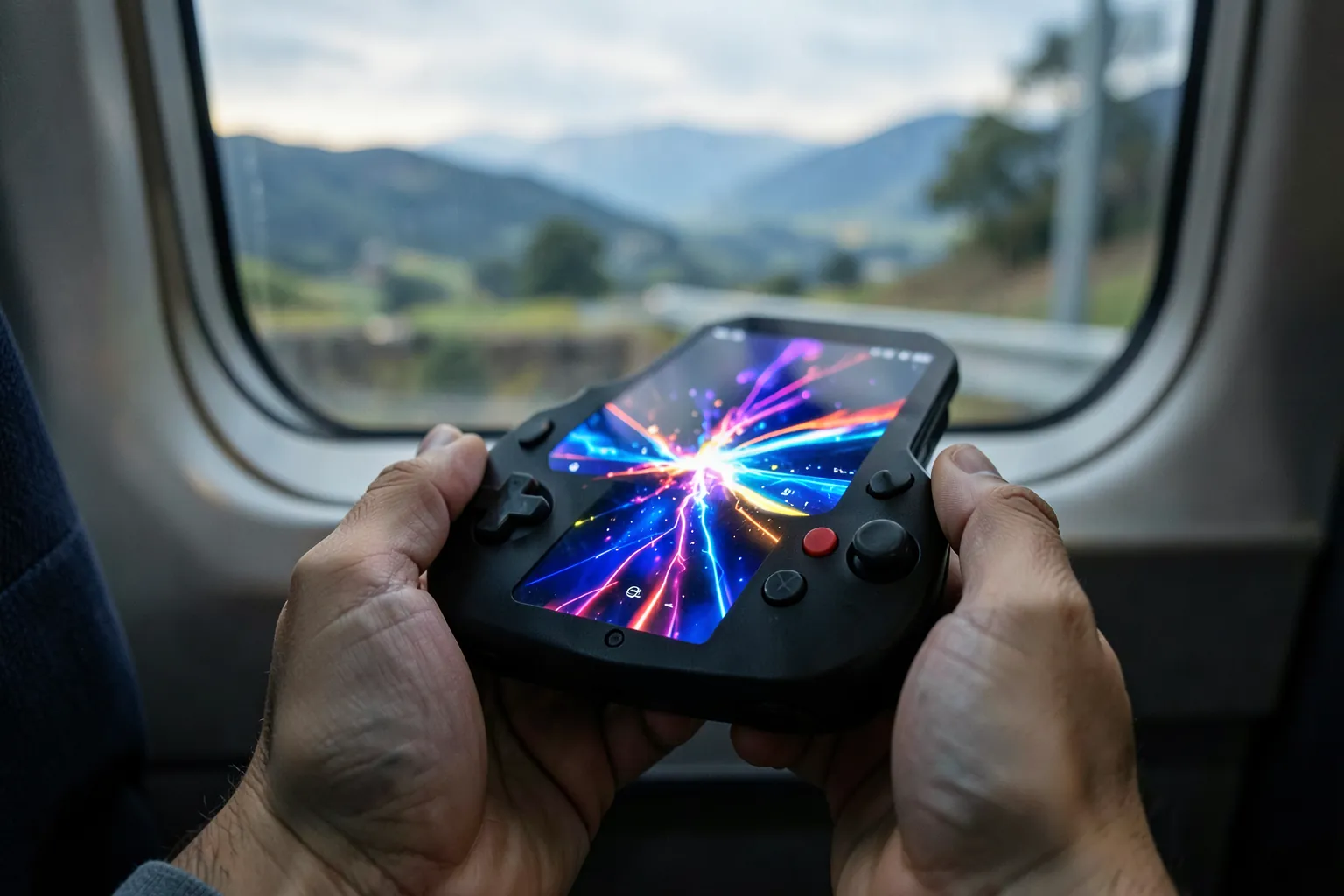 Consola portátil negra sujeta con las manos en el asiento de un tren junto a la ventana, con la pantalla iluminada de colores