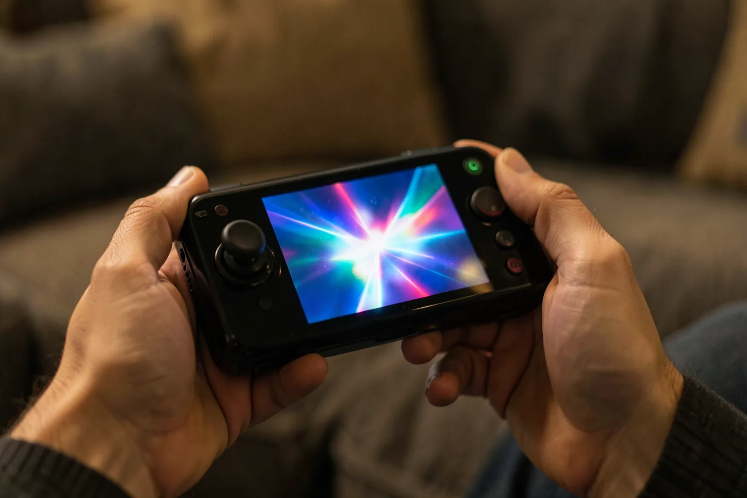 Dos manos sujetando una consola portátil negra con dos joysticks y la pantalla encendida con una luz abstracta de colores, en un sofá