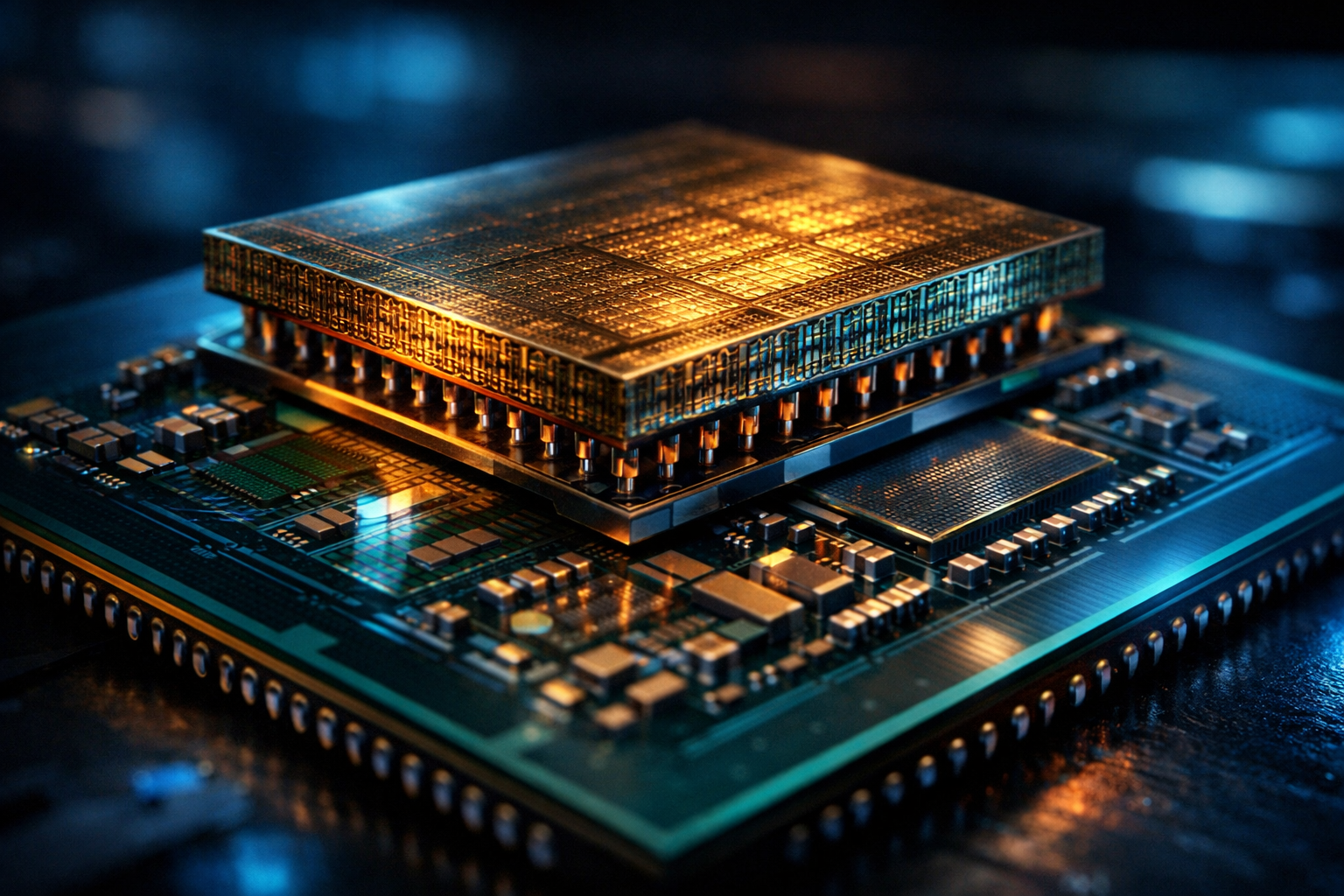 Vista macro del die del Ryzen 7 5800X3D mostrando la capa de caché 3D V-Cache apilada