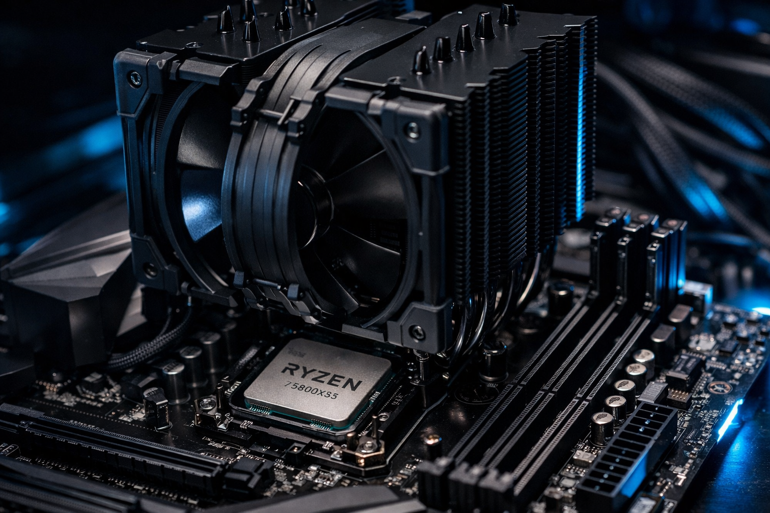Ryzen 7 5800X3D instalado con un disipador Noctua NH-D15 negro sobre placa base ATX