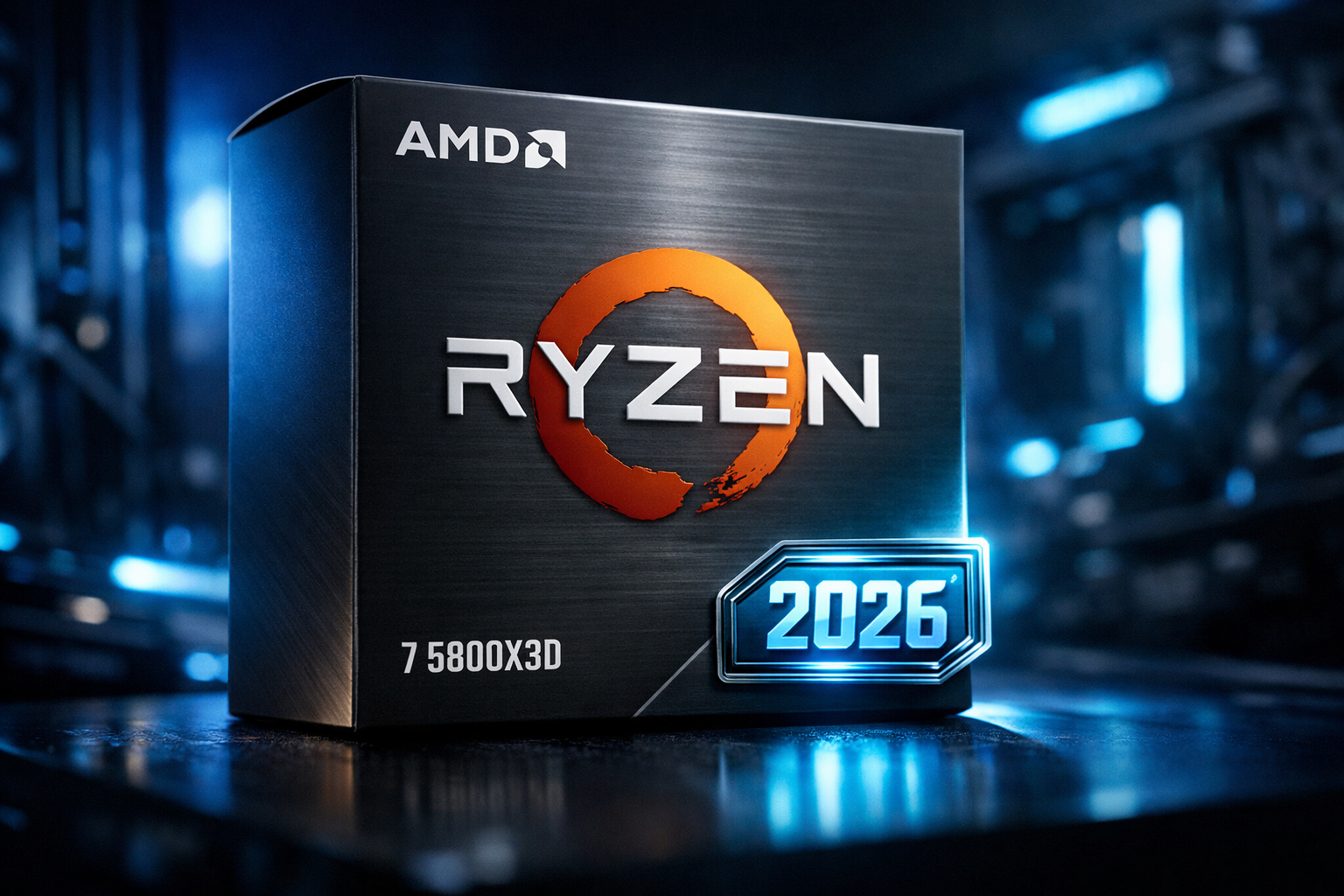 Ryzen 7 5800X3D en su caja oficial de AMD con distintivo de relanzamiento 2026