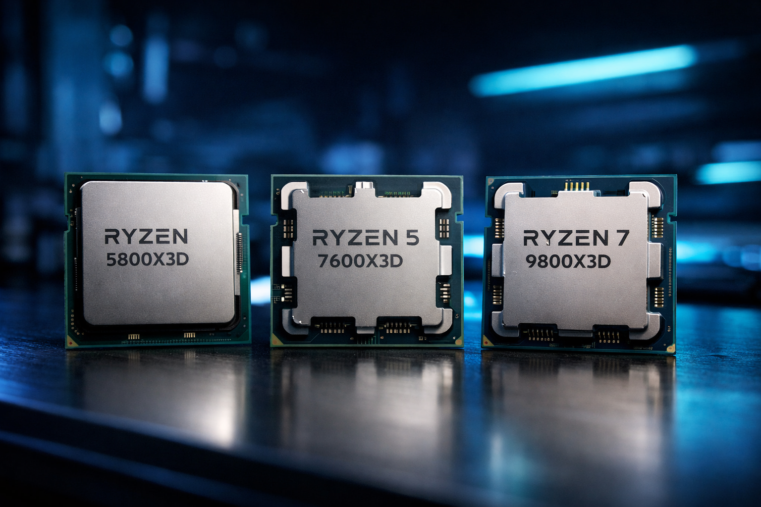 Comparativa visual del Ryzen 7 5800X3D junto al Ryzen 5 7600X3D y al Ryzen 7 9800X3D sobre una mesa