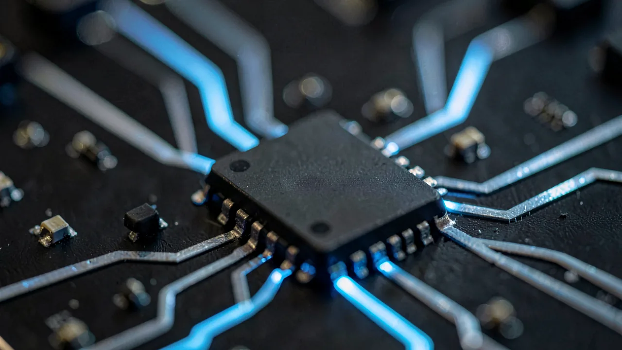 Chip de memoria semiconductora sobre una placa con circuitos iluminados en azul