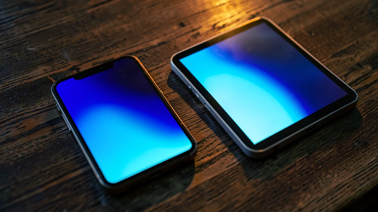 Teléfono móvil y tableta sobre una mesa de madera con interfaces luminosas en azul en pantalla