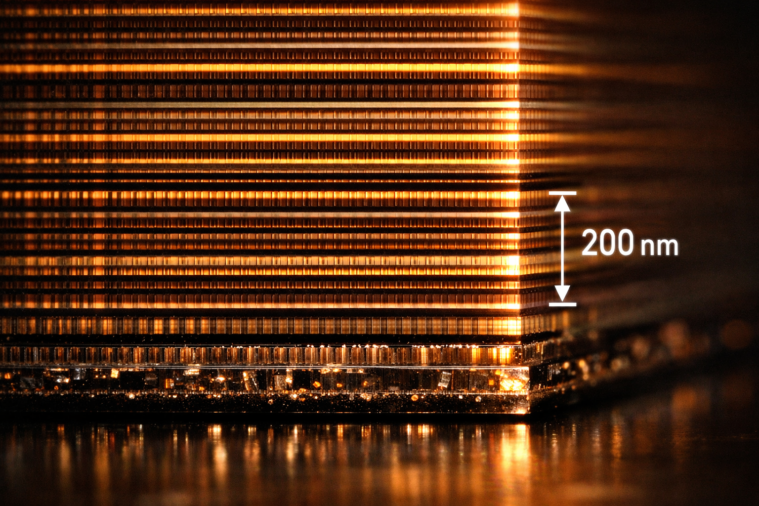 Corte transversal de chip NAND con mas de 400 capas apiladas mediante wafer bonding