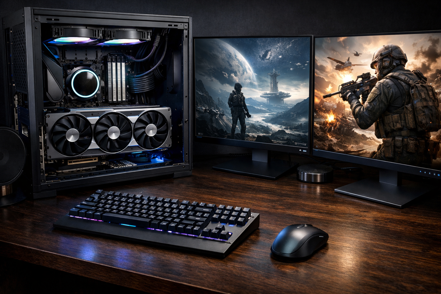 Workstation ATX moderna con RGB tarjeta grafica top de gama y refrigeracion liquida montada sobre escritorio
