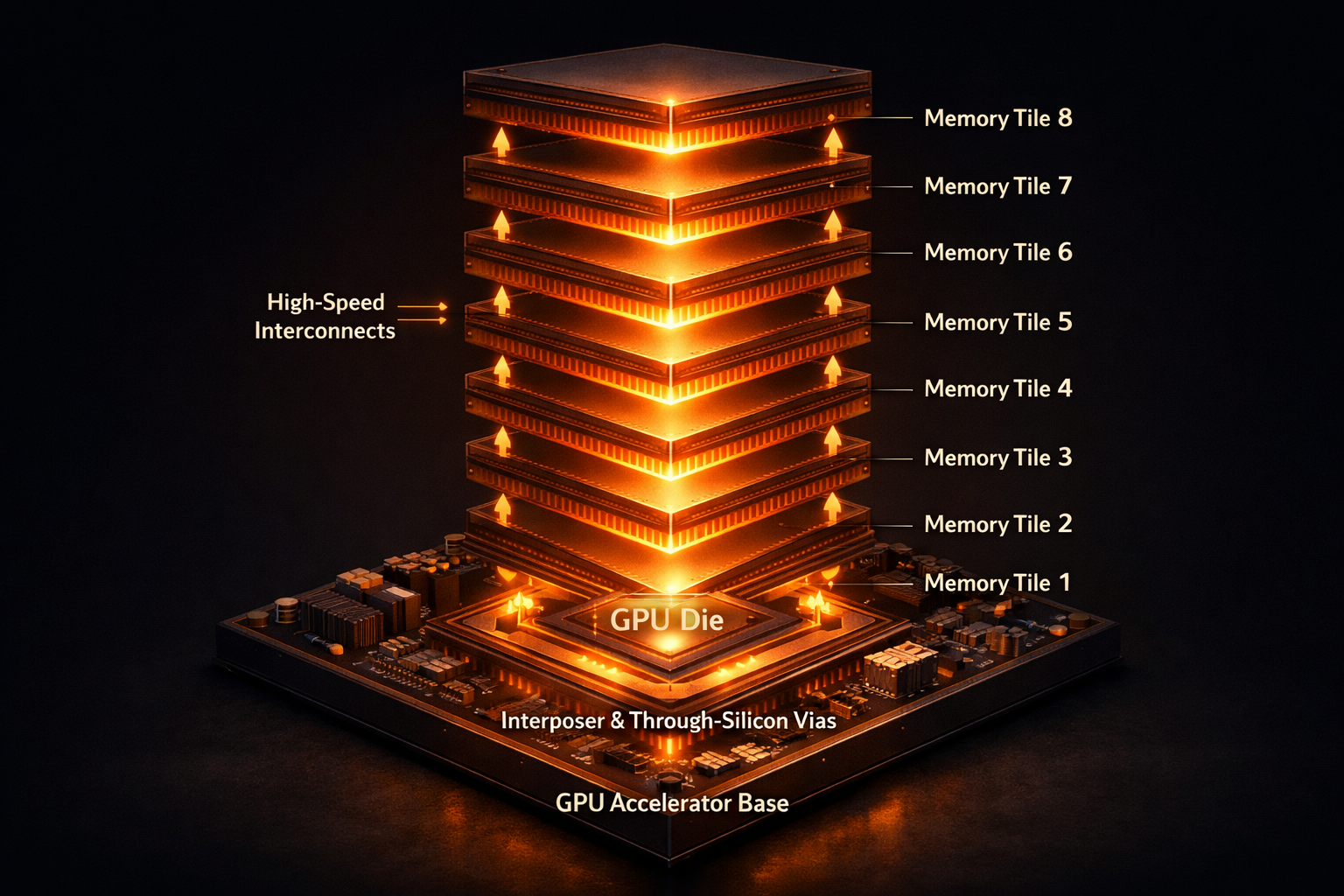 Diagrama tecnico del stack 3D vertical de zHBM apilado sobre acelerador IA