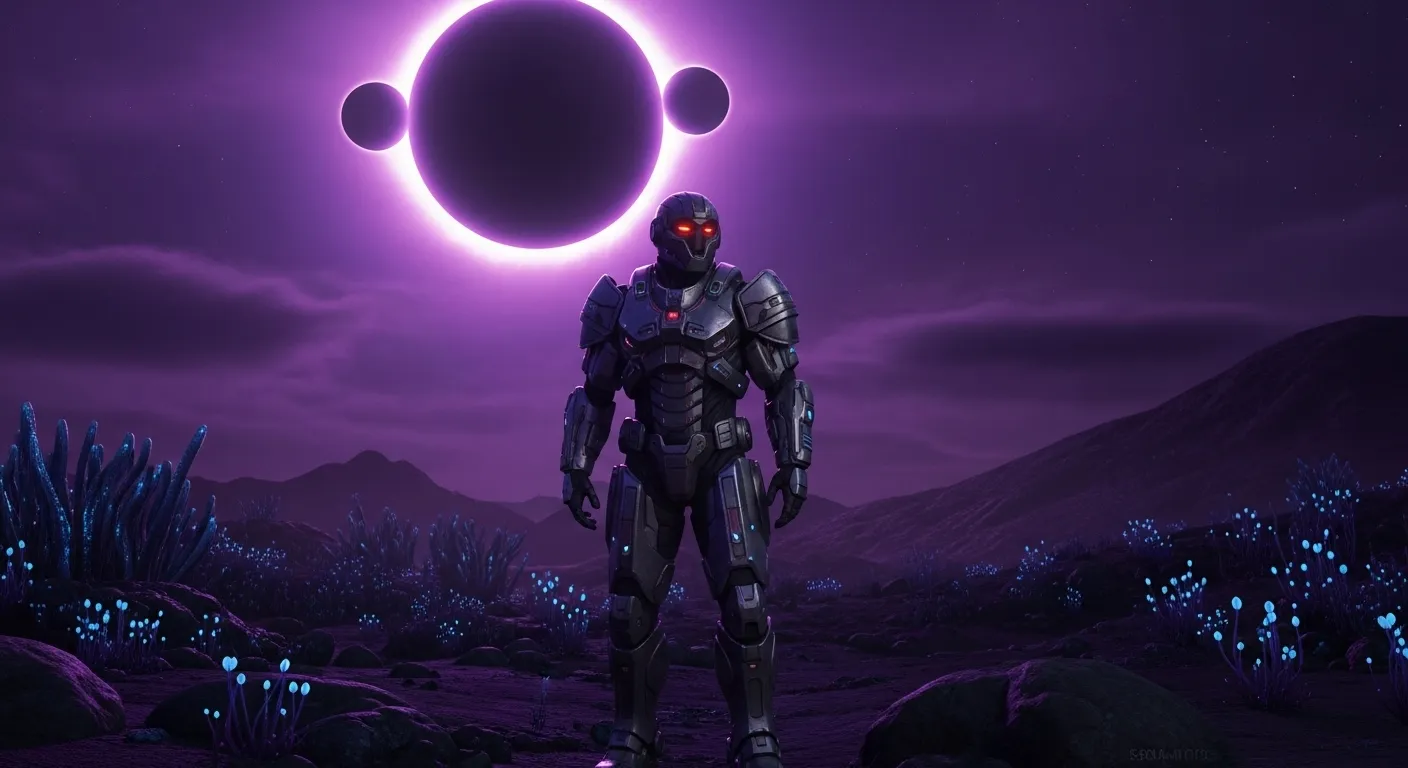 Arjun Devraj en el planeta Carcosa bajo un eclipse alienígena en Saros