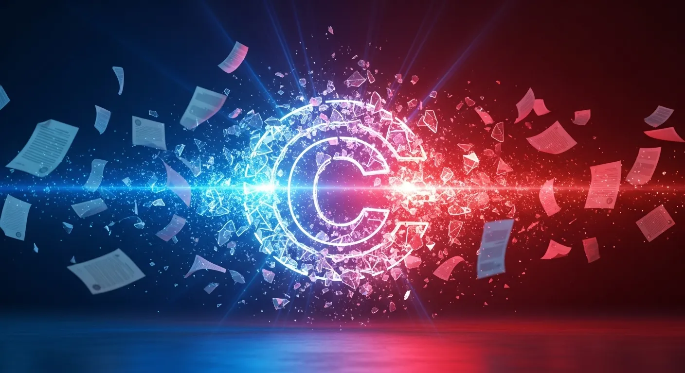Símbolo de copyright fragmentándose con rayos de luz digital, representando la crisis legal de IA