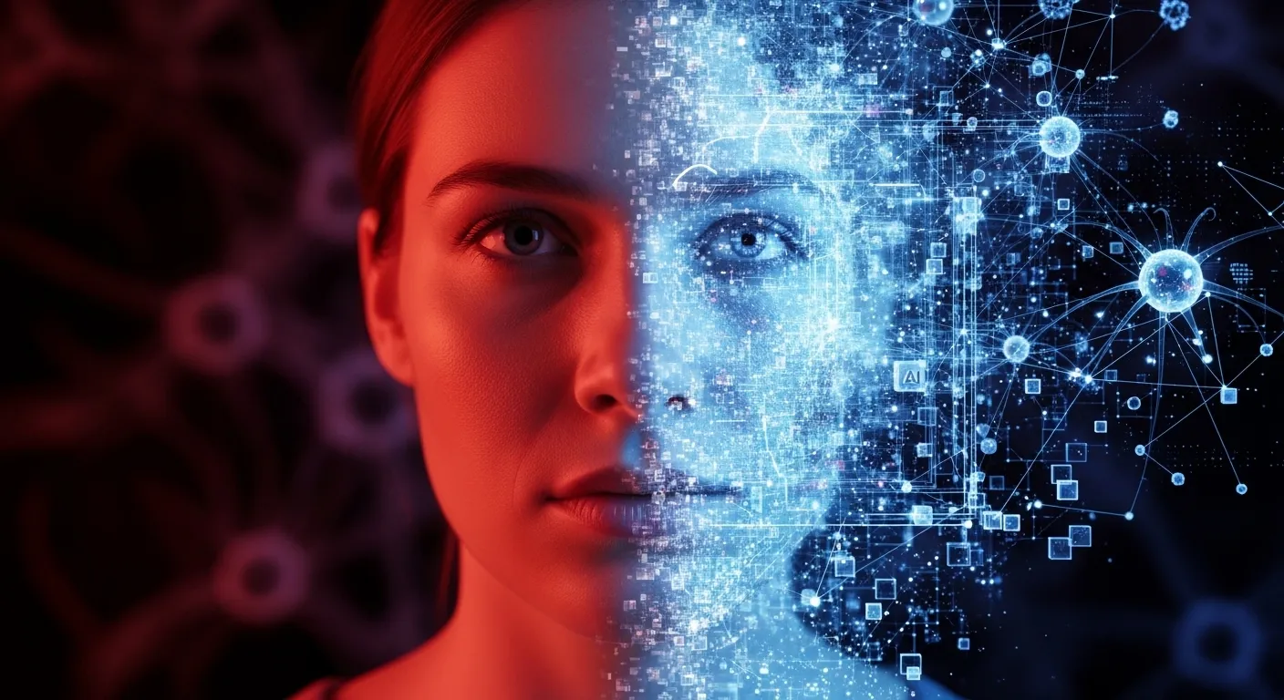 Rostro digital generado por IA descomponiéndose en píxeles, simbolizando la amenaza de los deepfakes