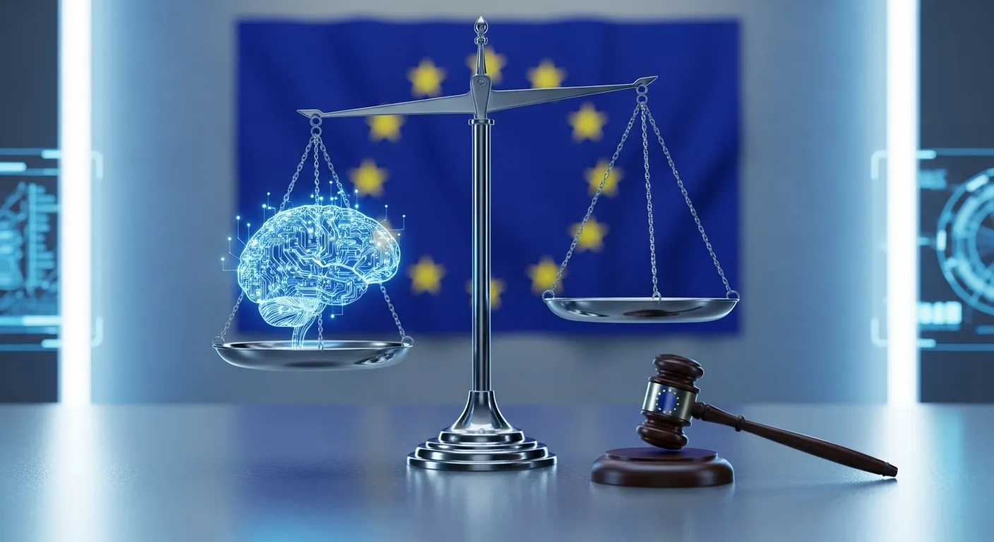 Balanza de justicia digital con elementos de IA y leyes tecnológicas, iluminación fría azul