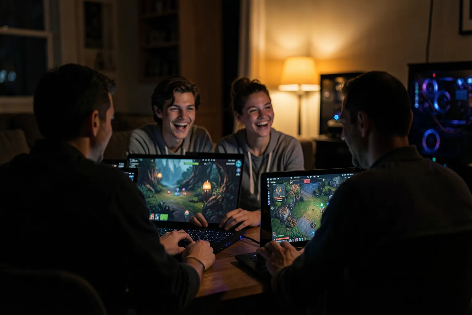 Tres amigos riendo mientras juegan juntos de noche a un juego de fantasía cooperativo con portátiles y un PC en un salón