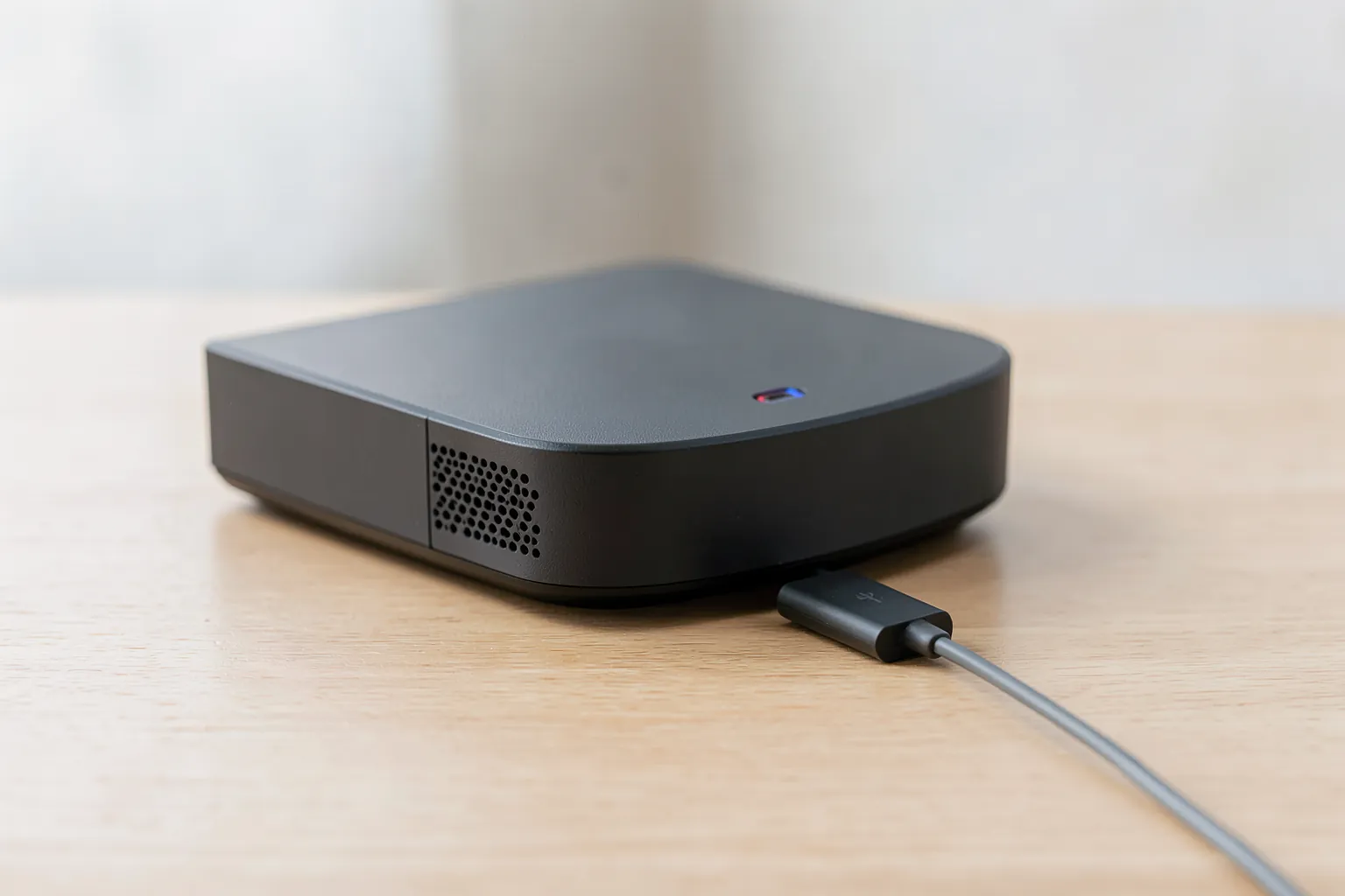 SSD externo pequeño conectado con un cable USB-C corto a un mini PC sobre un escritorio claro