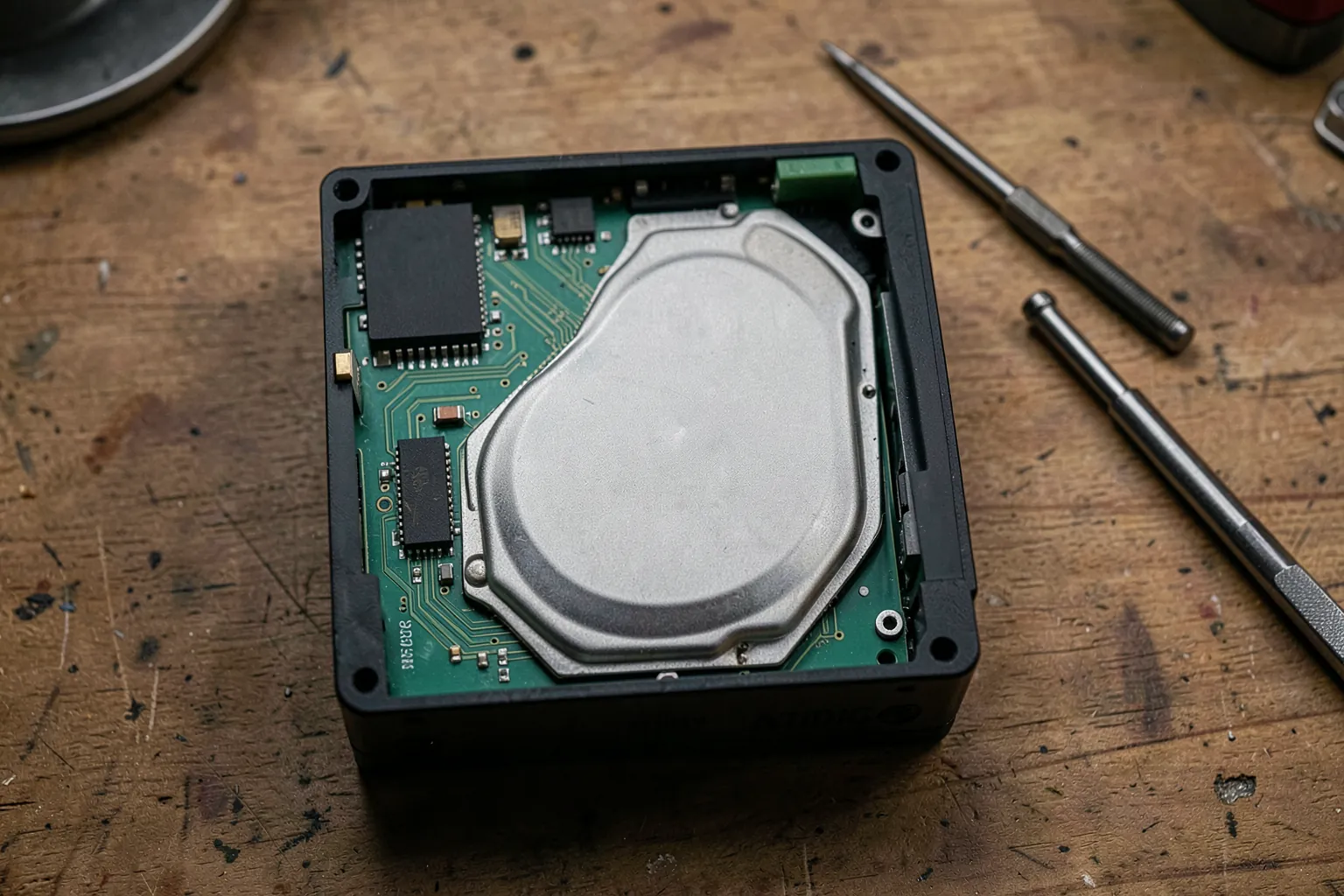 Mini PC abierto sobre un banco de trabajo con la placa verde a la vista y un destornillador al lado