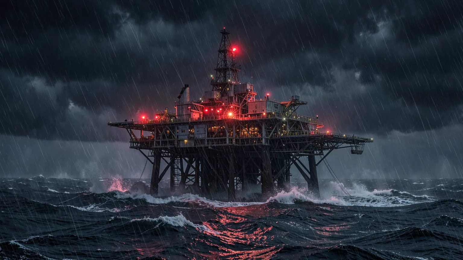 Plataforma petrolífera en alta mar bajo una tormenta nocturna con olas grandes y luces de emergencia