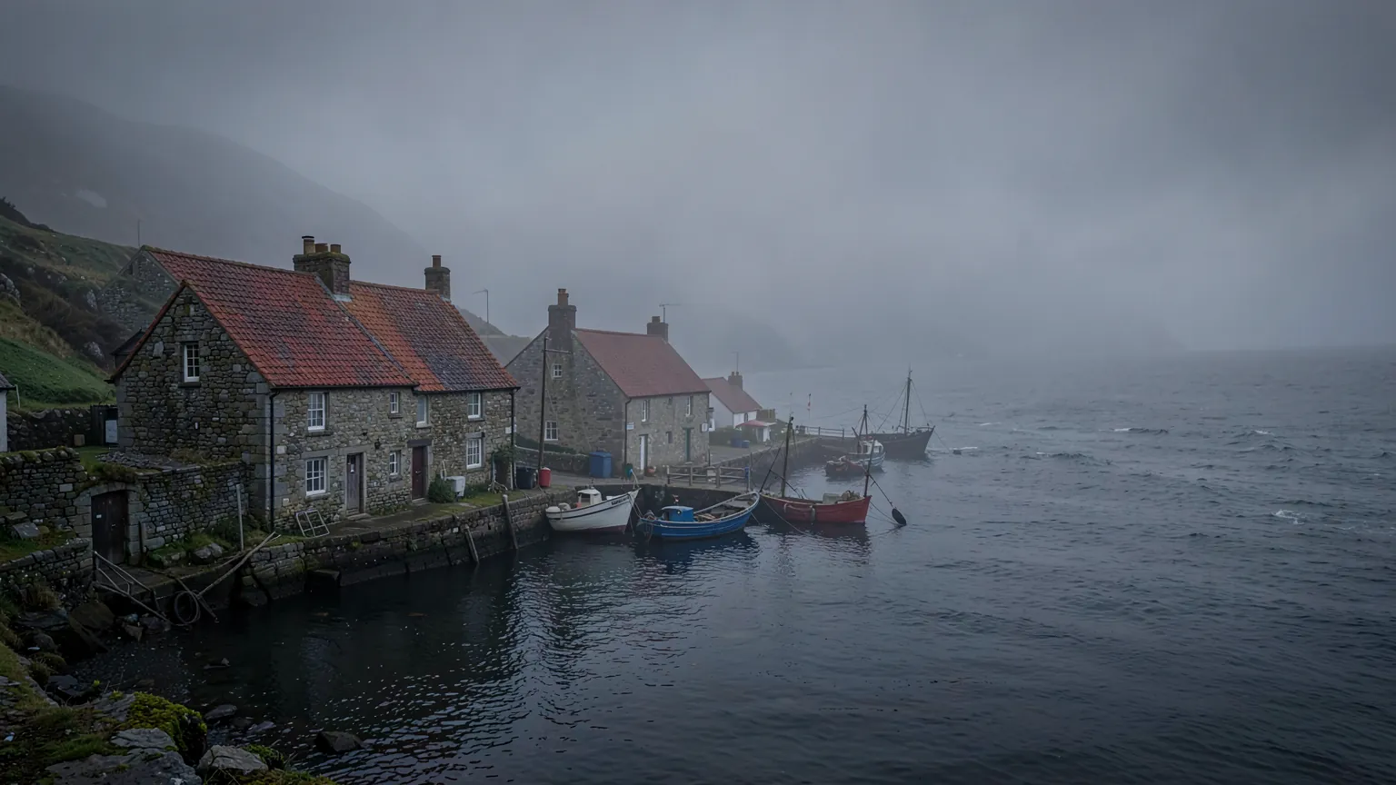 Pueblo pesquero de casas de piedra junto a un puerto cubierto de niebla espesa al anochecer