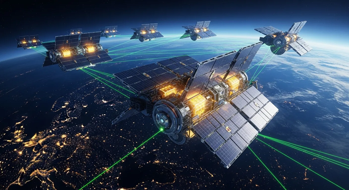 Concepto artístico de centros de datos orbitales de SpaceX alimentados por energía solar en el espacio