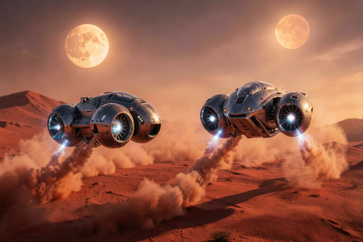 Dos vehículos de carreras flotantes de ciencia ficción compitiendo a toda velocidad sobre un desierto rojizo con estelas de polvo y dos soles en el cielo