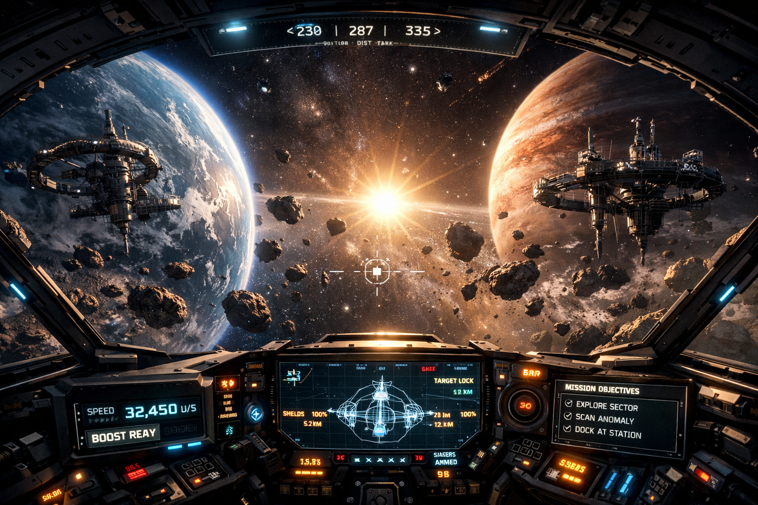 Nave espacial volando libremente entre planetas en Starfield con la actualización Free Lanes