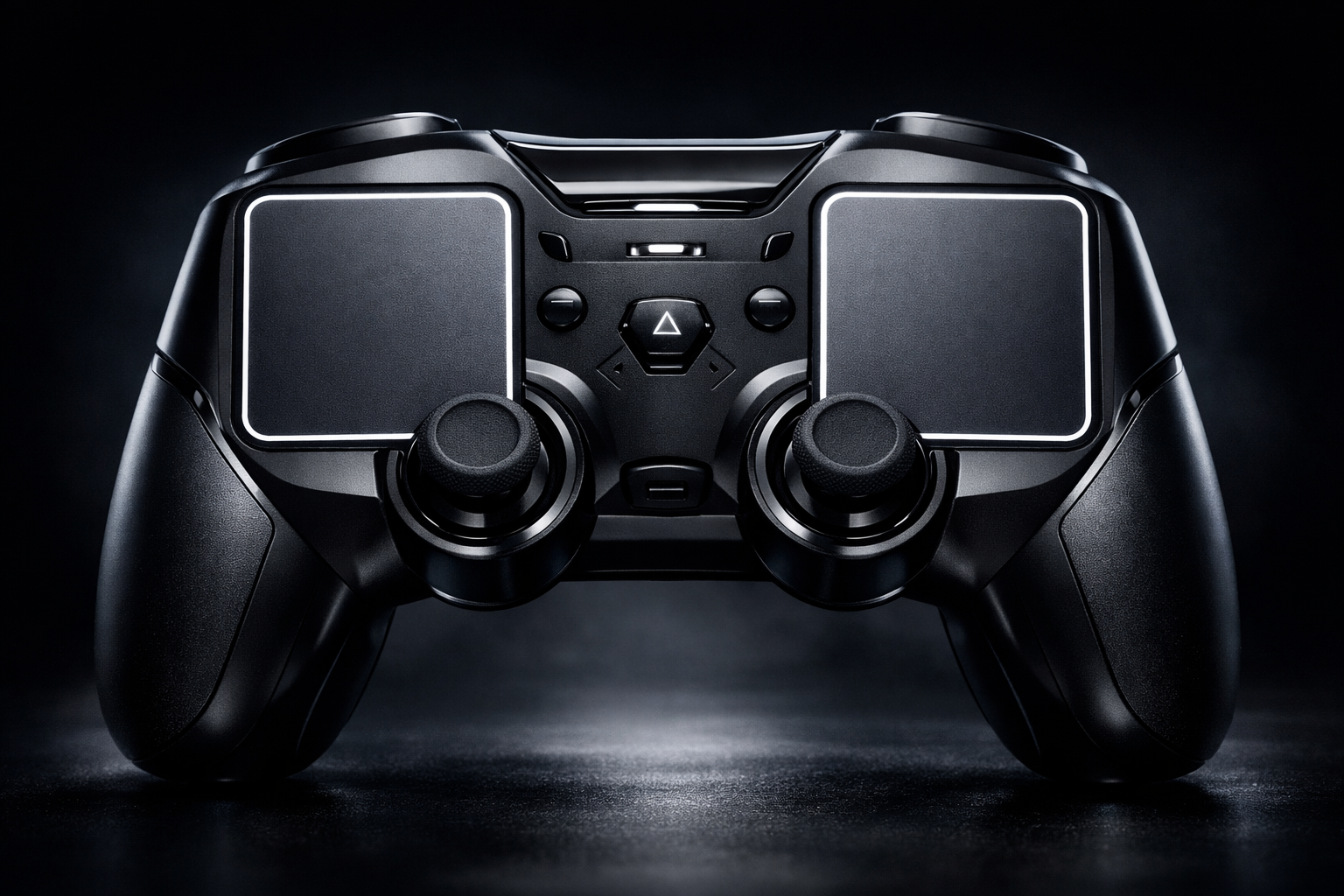 Diseño frontal del Steam Controller 2026 con trackpads y sticks analógicos TMR