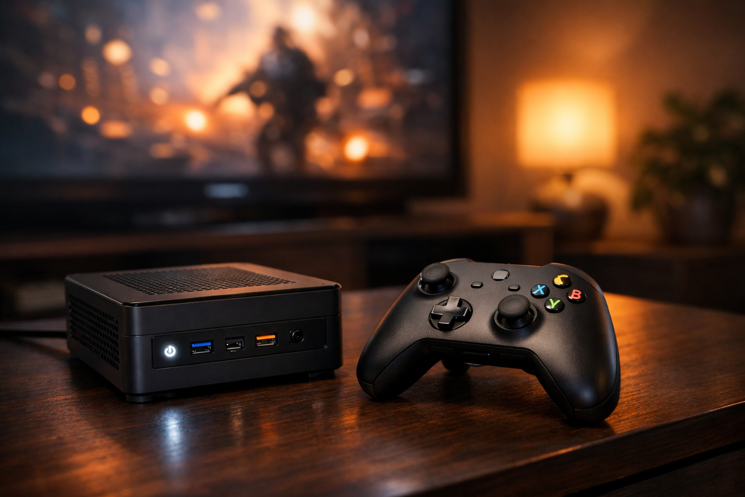 Steam Controller 2026 junto a Steam Machine 2 en un setup de salón gaming