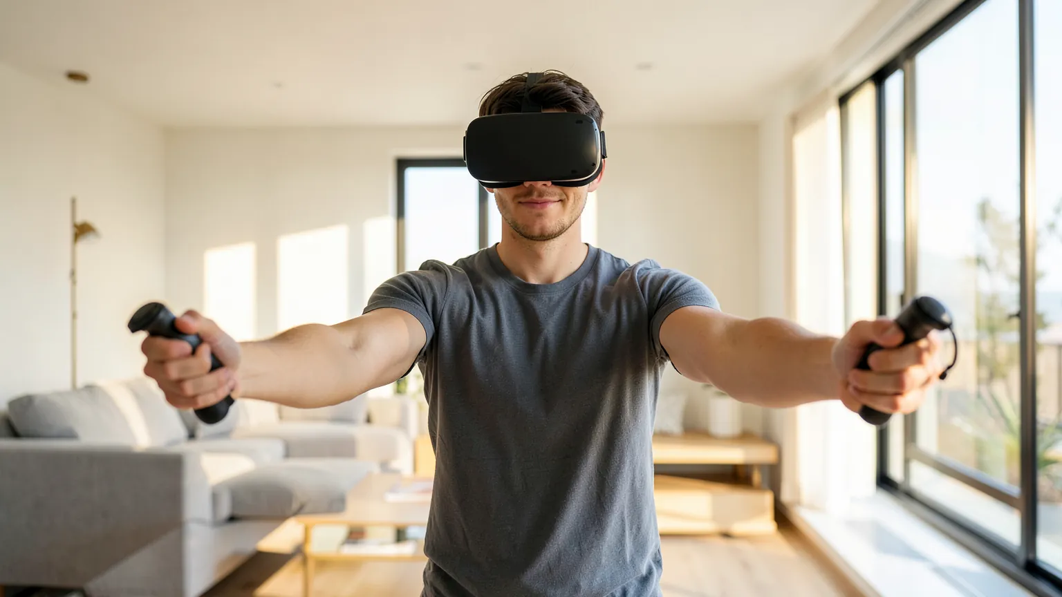 Persona jugando de pie con mandos de realidad virtual en un salon amplio y luz tenue