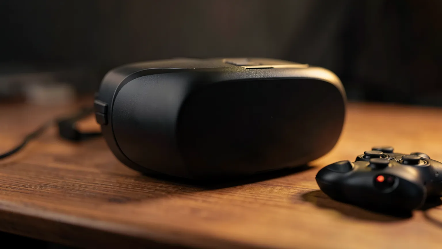 Gafas de realidad virtual modernas apoyadas sobre un escritorio con iluminación cálida de estudio