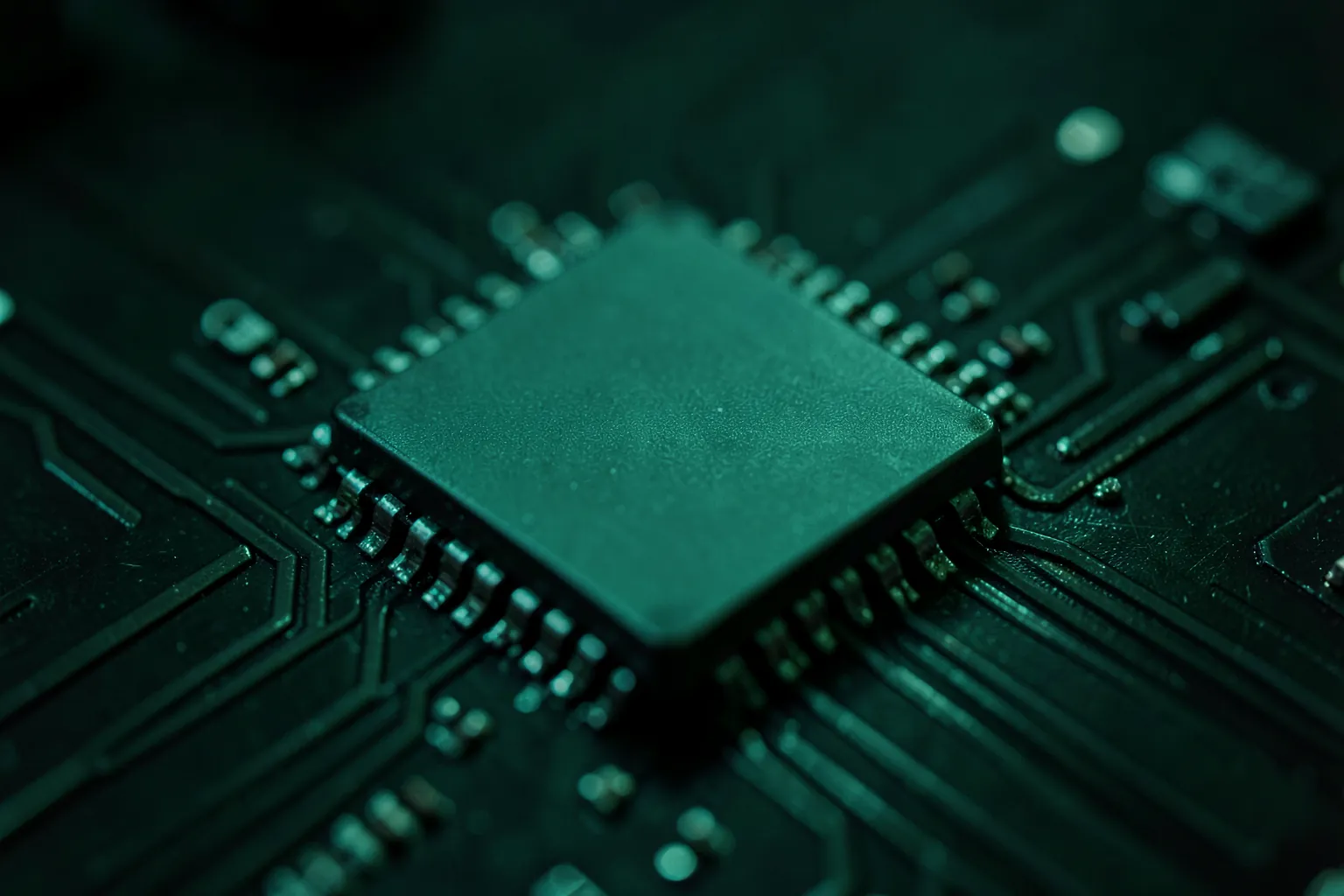 Primer plano de un chip de ordenador sin marcas sobre una placa oscura iluminada con luz verde tenue, con reflejos metálicos