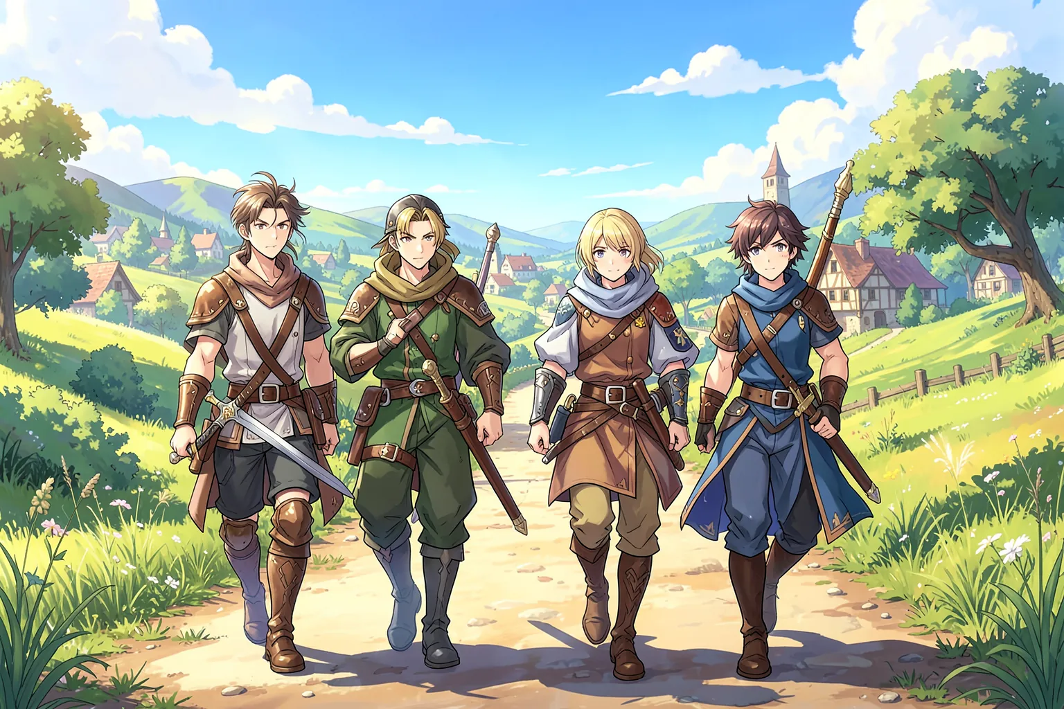 Grupo de cuatro jóvenes aventureros de fantasía caminando por un camino soleado hacia un pueblo, con espadas y un bastón, en estilo de ilustración anime