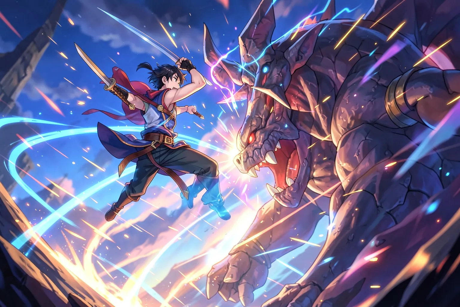 Escena de combate de fantasía con un joven espadachín saltando hacia un monstruo grande entre chispas mágicas, en estilo de ilustración anime