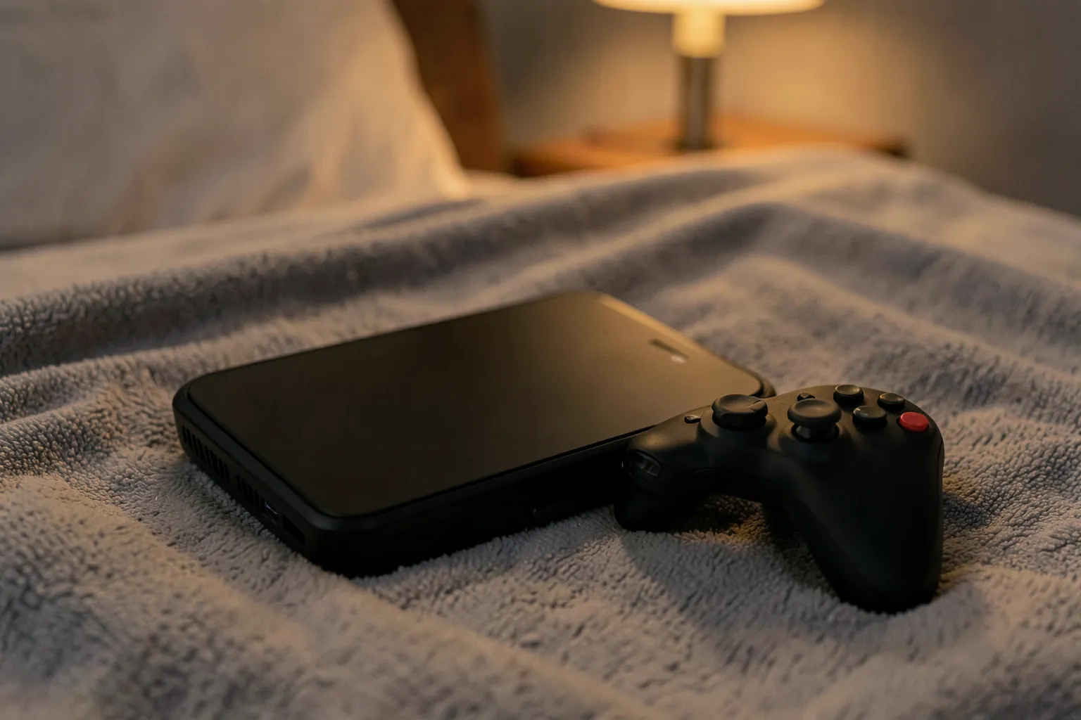 Consola portátil y mando inalámbrico sobre una cama con la luz cálida de una lámpara por la noche