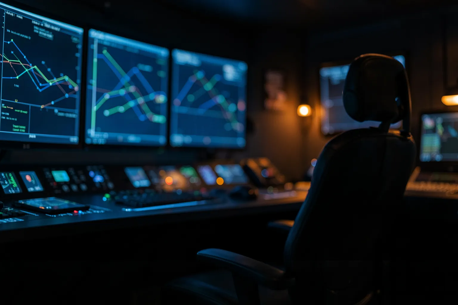 Sala de control con multiples pantallas mostrando sistemas autónomos en funcionamiento