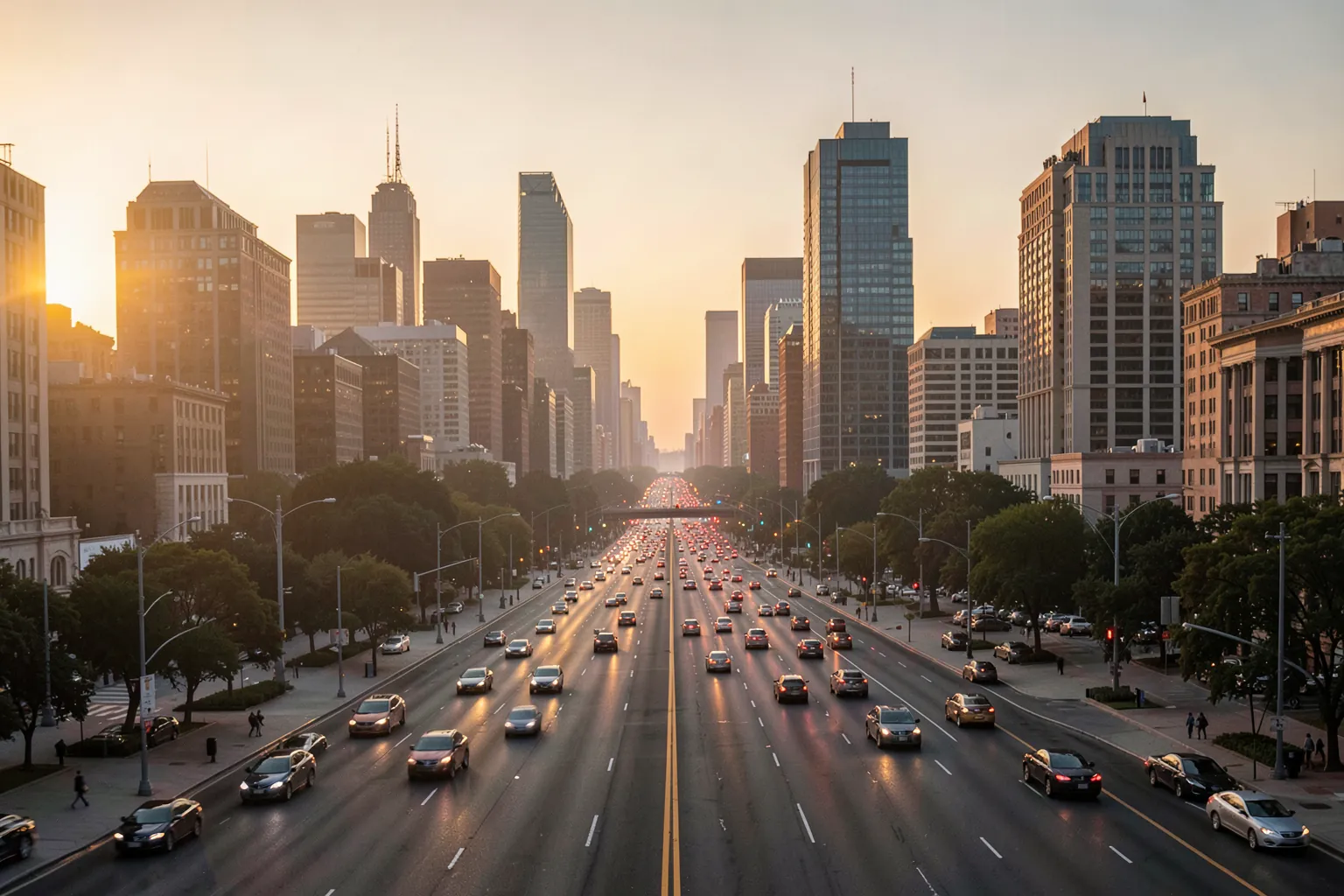 Calle de una ciudad estadounidense al atardecer con trafico y rascacielos al fondo
