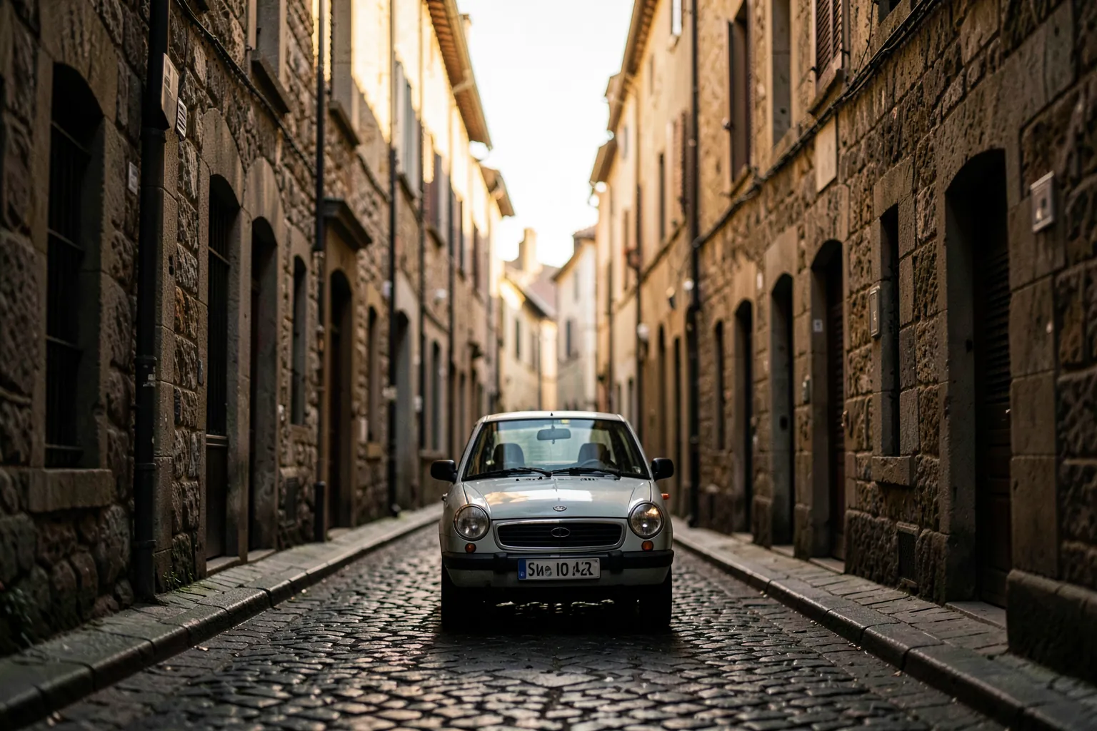 Coche circulando por una calle estrecha de casco antiguo europeo