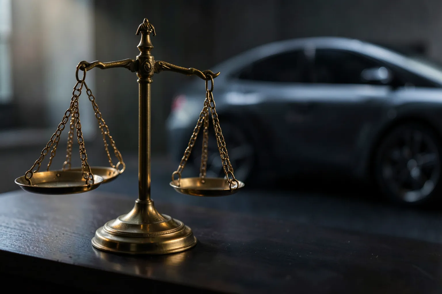 Balanza de la justicia junto a la silueta de un vehiculo autónomo