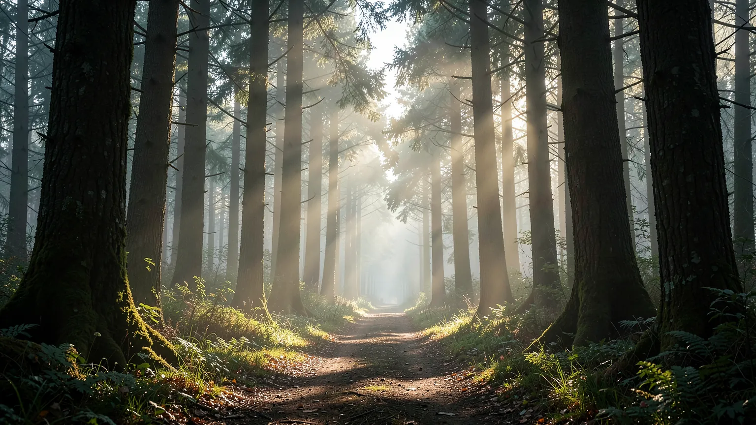 Bosque medieval con niebla al amanecer y un camino de tierra entre árboles altos, con rayos de luz filtrándose