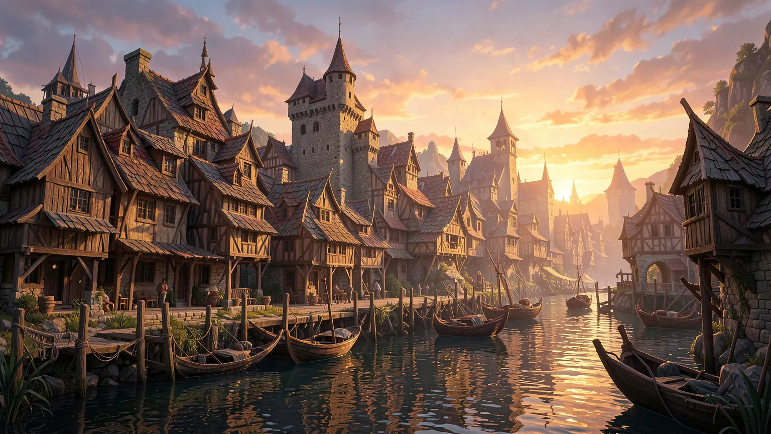 Ciudad medieval junto a un río al atardecer con tejados de madera, torres de piedra y barcas en el muelle