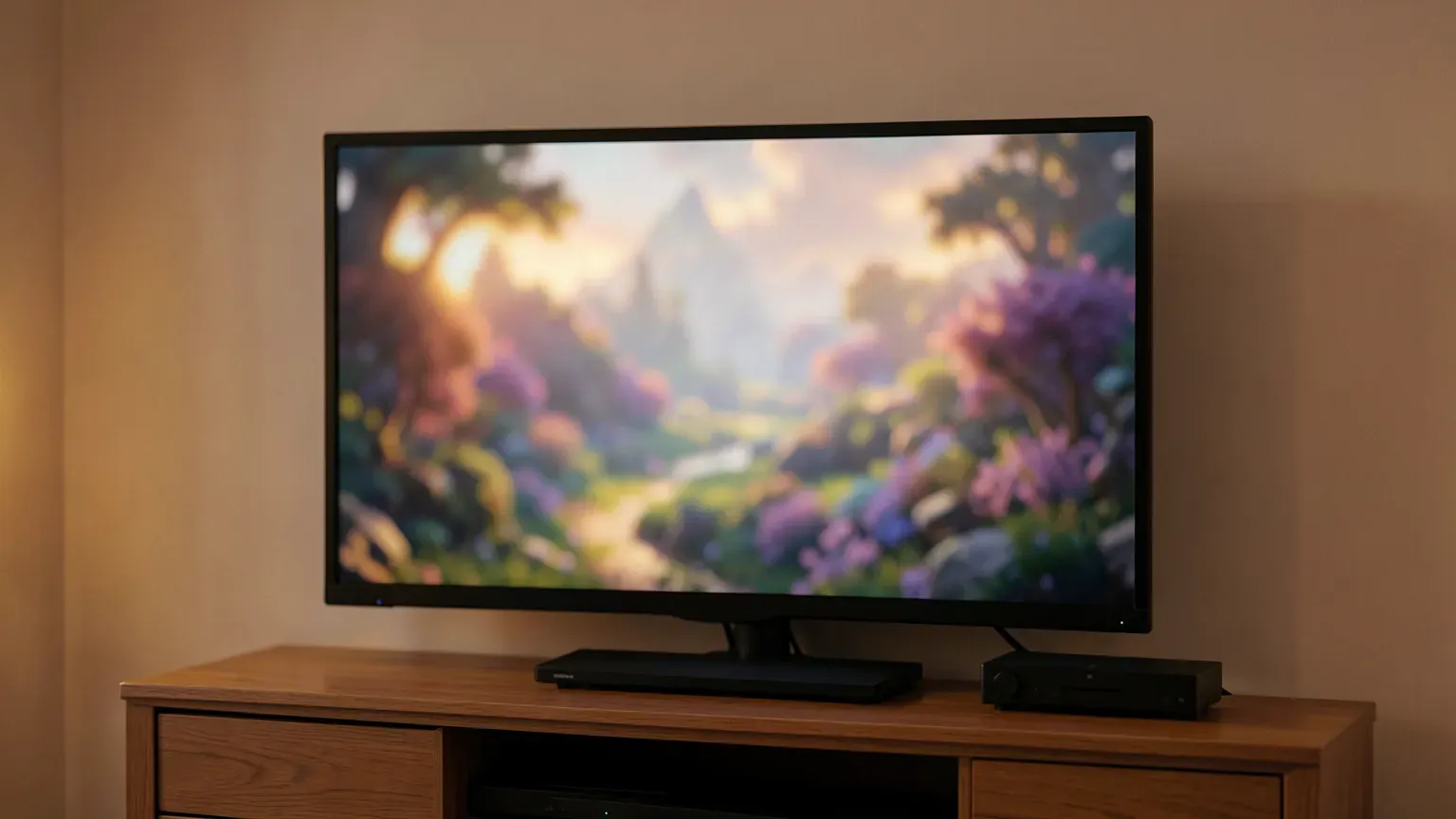 Salón con un televisor grande encendido mostrando un paisaje de fantasía y una consola sobre el mueble, con luz cálida
