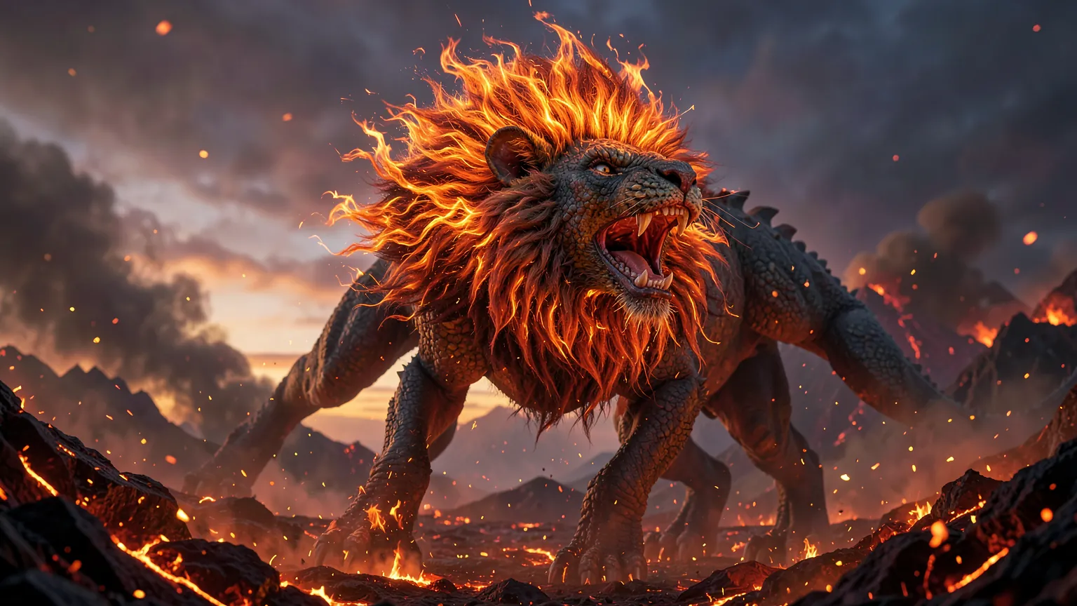 Enorme dragón con melena de fuego rugiendo en un paisaje volcánico al anochecer