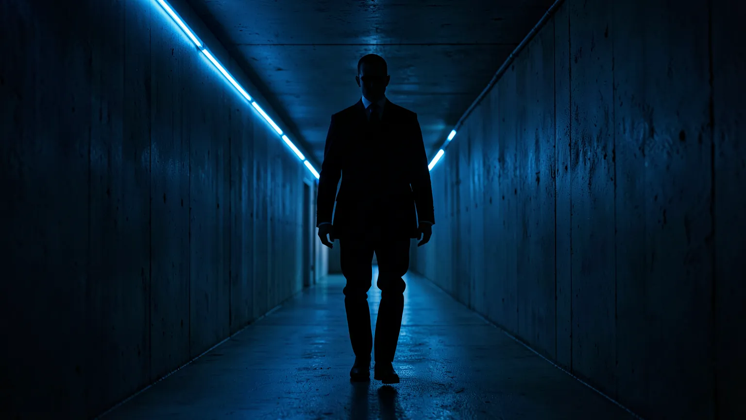 Silueta de un agente con traje en un pasillo oscuro iluminado por luces de neón azules