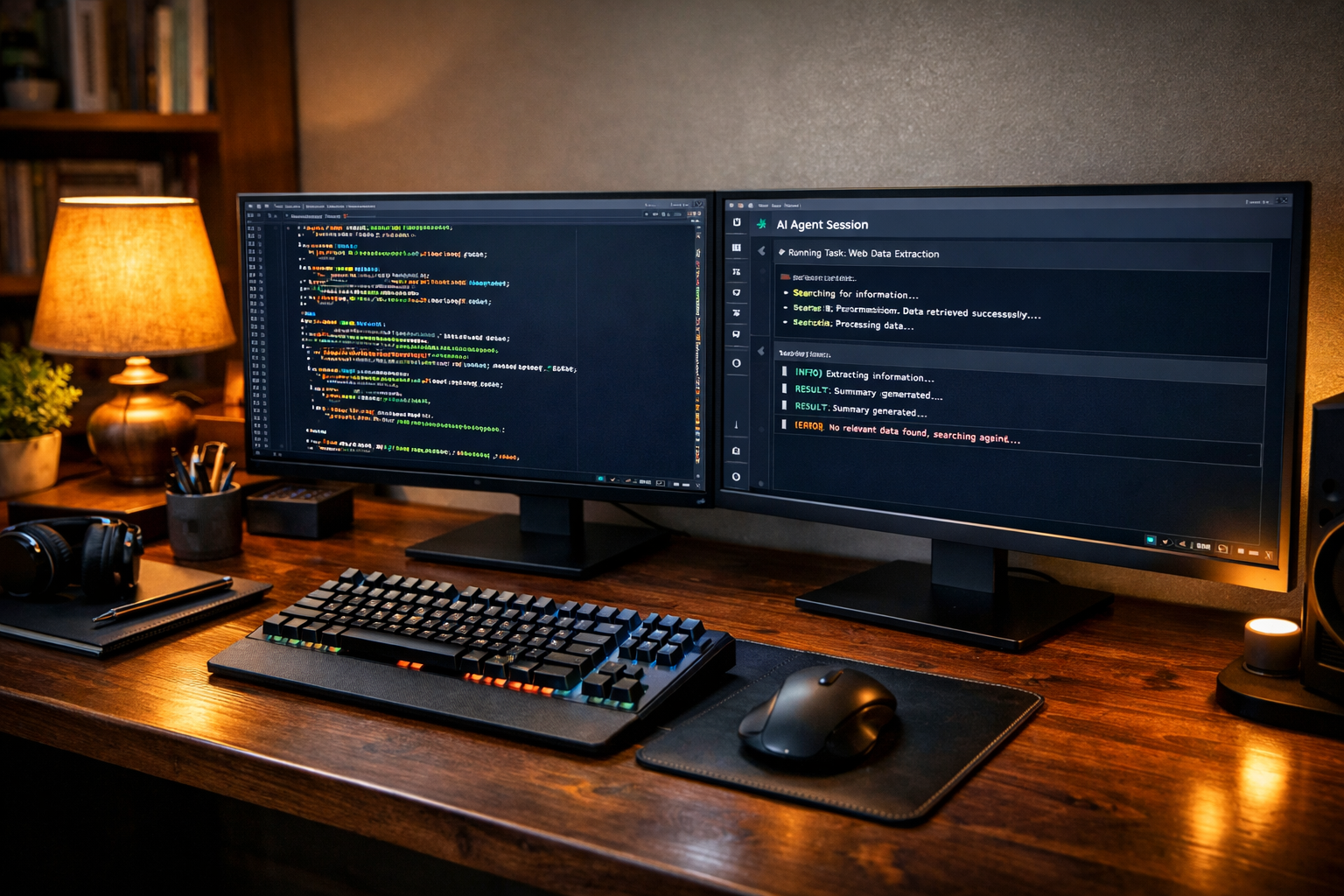 Workstation de desarrollador Python con monitor 4K OLED mostrando código de agente autónomo
