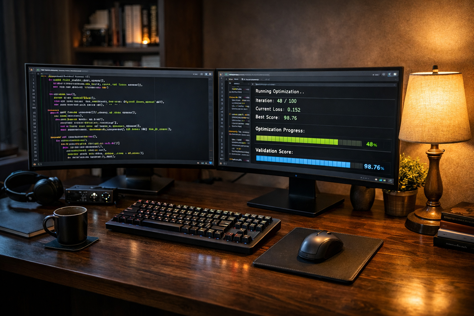 Estación de trabajo de desarrollo Python con monitor 4K, teclado mecánico y terminal ejecutando MIPROv2