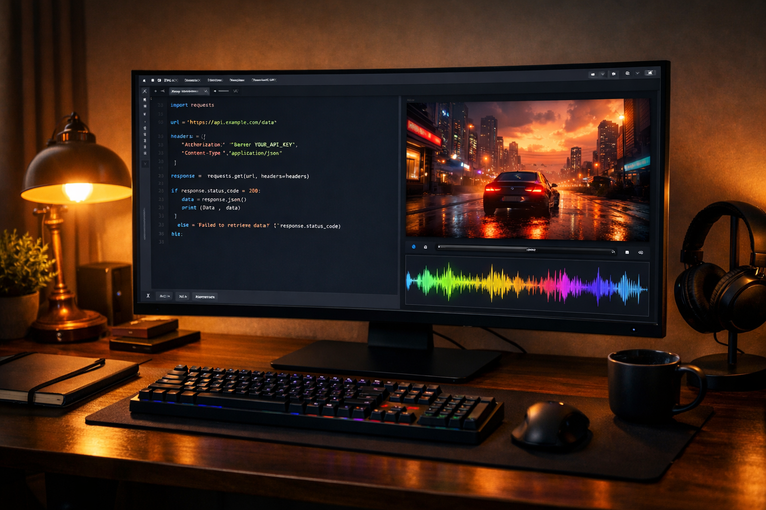 Editor de código con script Python generando un vídeo FLUX 3 con audio en pantalla