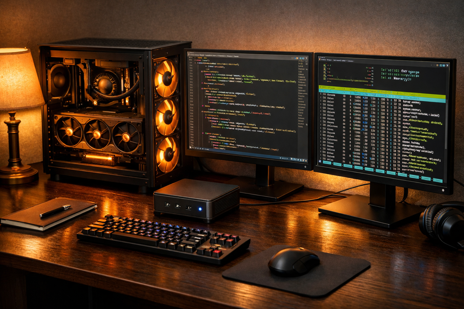Workstation de desarrollo IA con monitores 4K, teclado mecánico y GPU dedicada