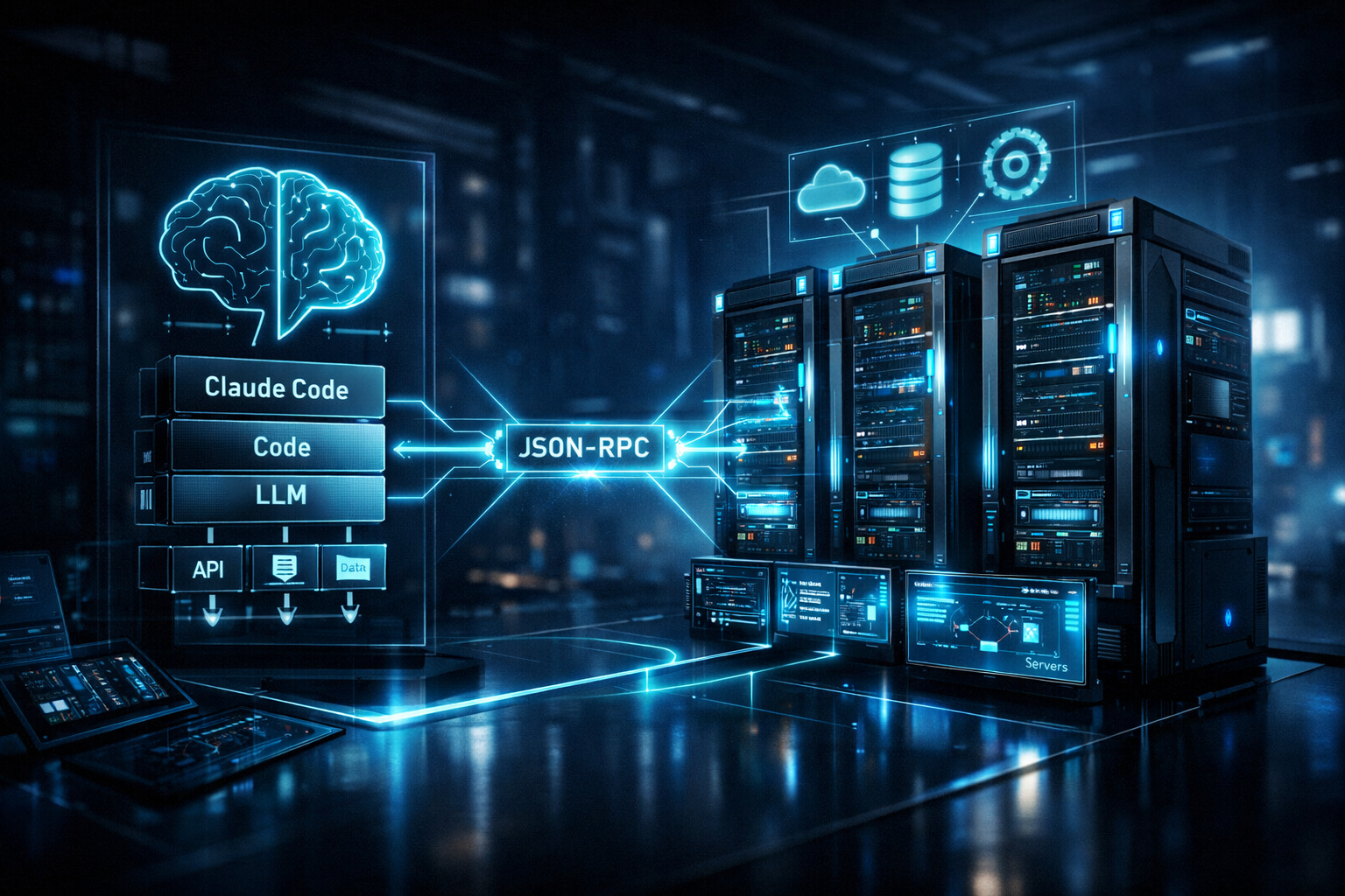 Diagrama de arquitectura de Claude Code y servidores MCP conectados por JSON-RPC